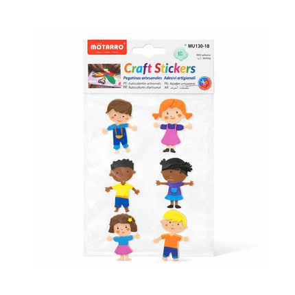 Pack of craft stickers with children's faces on a white background