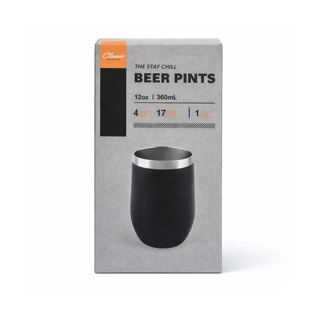 Packaging of black beer pint with silver rim on a gray background
