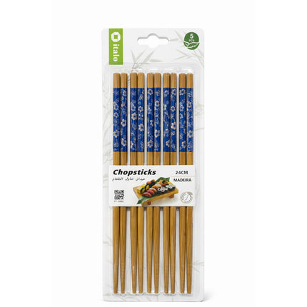 Pack of wooden chopsticks with floral design packaging on a white background