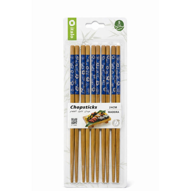 Pack of wooden chopsticks with floral design packaging on a white background