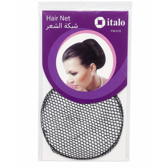 Hair net packaging with a woman wearing the hair net on a white background