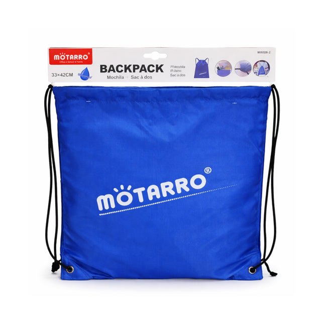 Blue drawstring backpack with Motarro branding on a white background