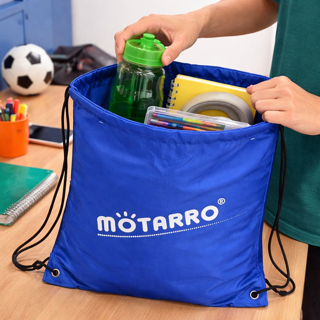 Blue drawstring bag with 'MOTARRO' branding filled with school supplies on a wooden desk.