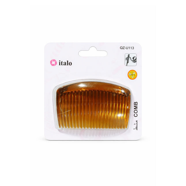 Brown comb in packaging with 'italo' branding on a white background