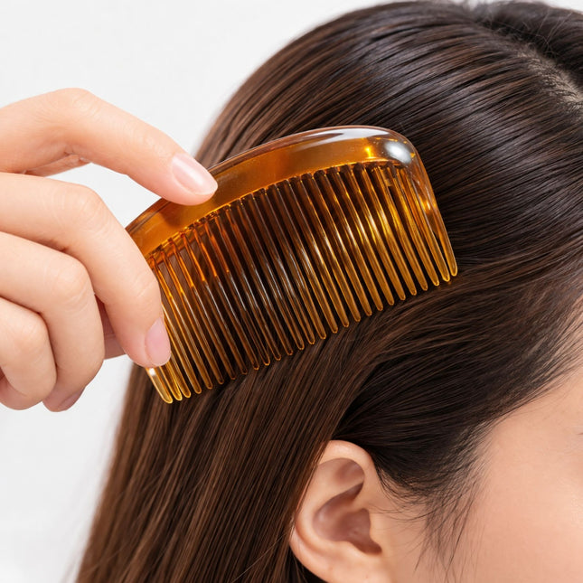 Person combing their hair with a brown comb on a white background
