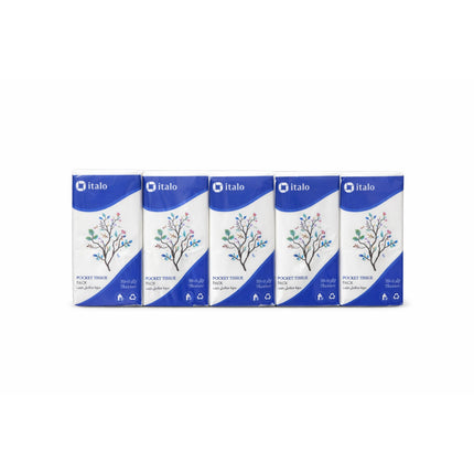 Five boxes of italo pocket tissues on a white background