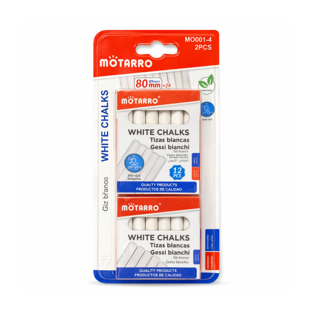 Packaging of Motarro white chalks with red and blue accents on a white background