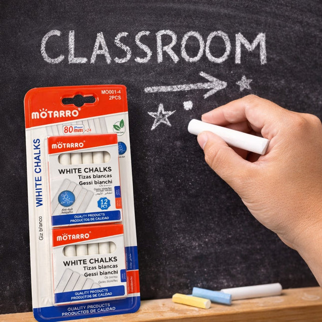 Motarro white chalks packaging with a hand writing on a blackboard