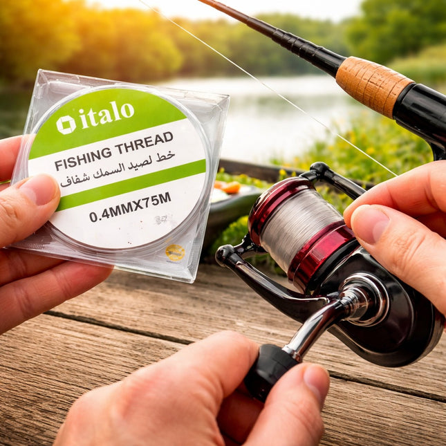 Fishing reel with italo fishing thread packaging on a wooden surface outdoors.
