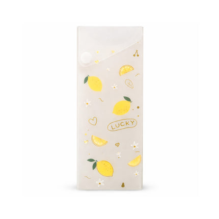 Rectangular white product with yellow lemon illustrations and 'LUCKY' text on a white background
