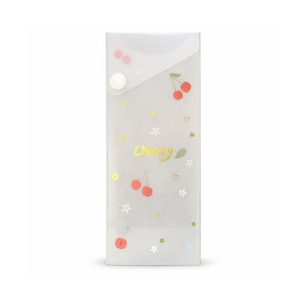 Clear plastic bag with cherry design on a white background
