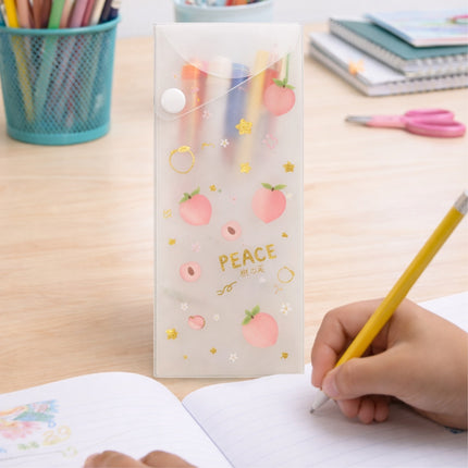 Peach-themed stationery set with a child writing on paper