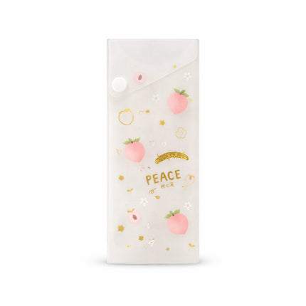 Phone case with peach illustrations and 'PEACE' text on a white background