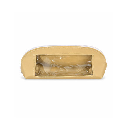 Beige toiletry bag with clear window on a white background