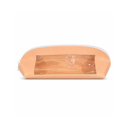 Beige makeup bag with clear window on a white background