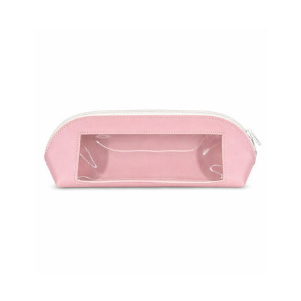 Pink pencil case with clear front panel on a white background