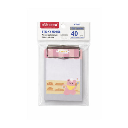 Packaged sticky notes with a pink clip and cartoon design on a white background