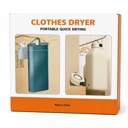 A product box for a portable clothes dryer, featuring a white background with orange text and borders. The front displays two inset photos showing the blue and cream-colored portable dryer in use with hanging clothes.
