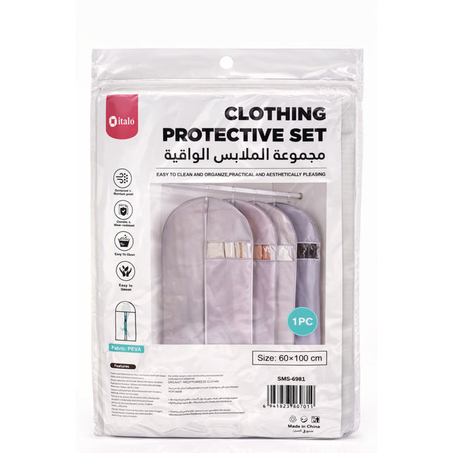 Clothing protective set packaging with clear plastic cover on a white background