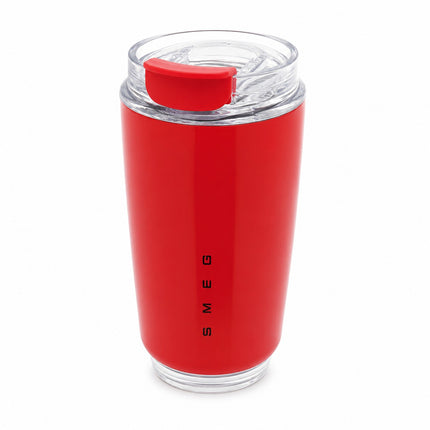 A red insulated travel tumbler with a clear lid and a red flip-top straw cover, featuring the vertical black 'SMEG' logo on the front, set against a plain white background.