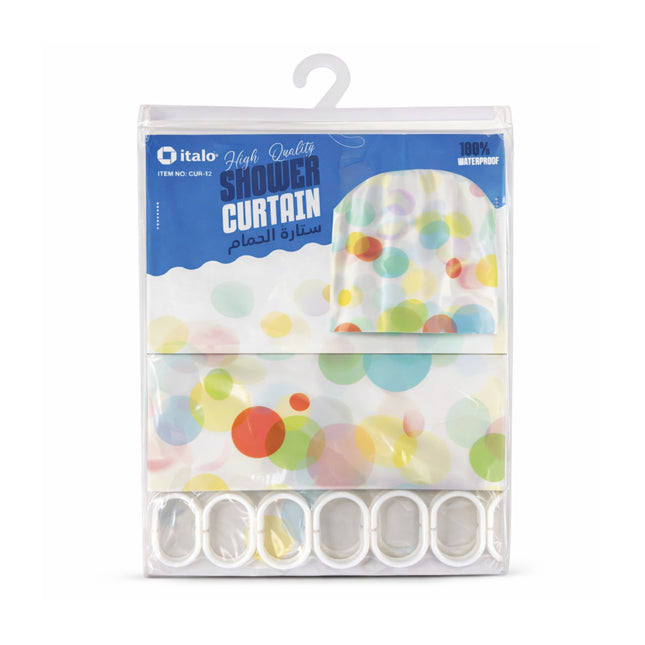 Packaged shower curtain with colorful polka dot design and italo branding.