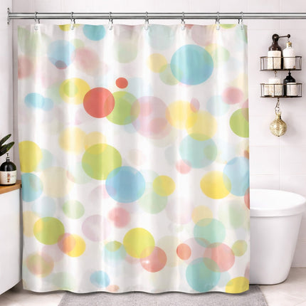 Colorful polka dot shower curtain in a bathroom setting