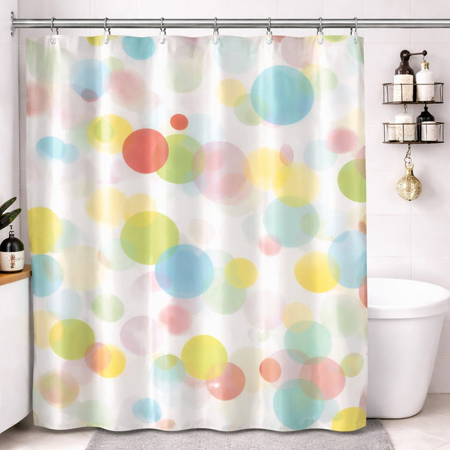 Colorful polka dot shower curtain in a bathroom setting
