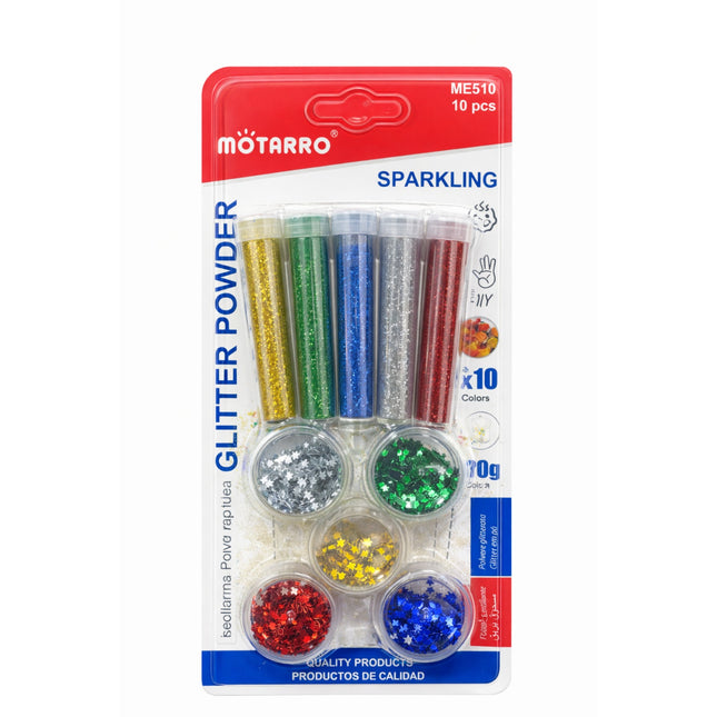 Motarro glitter powder set packaging with colorful glitter sticks and containers on a white background