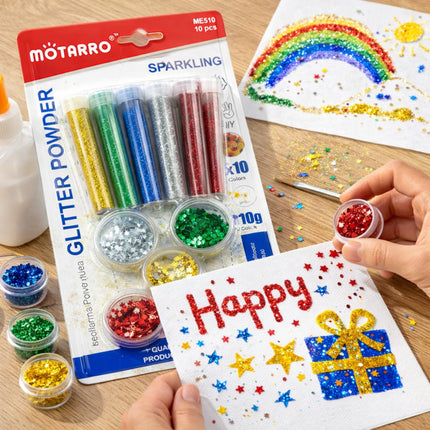 MOTARRO glitter powder set with a card decorated with glitter on a wooden surface.
