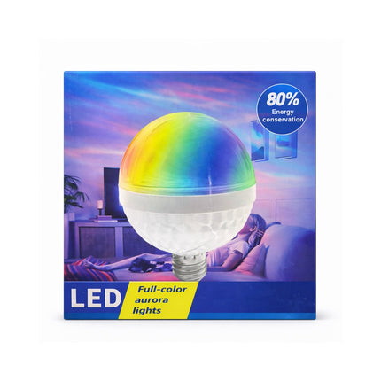 LED light bulb packaging with colorful design and energy conservation label on a white background