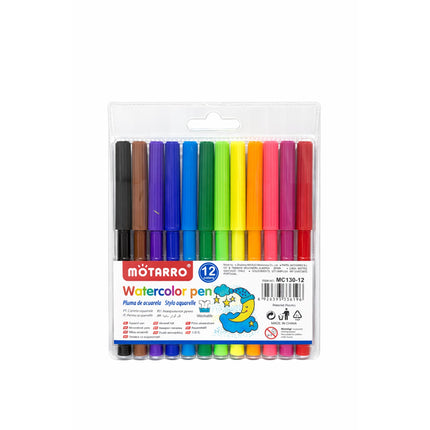 Pack of 12 Motarro watercolor pens in various colors on a white background