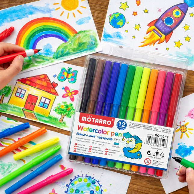 Colorful watercolor pens in a box with children's drawings of a rainbow, house, and rocket ship.