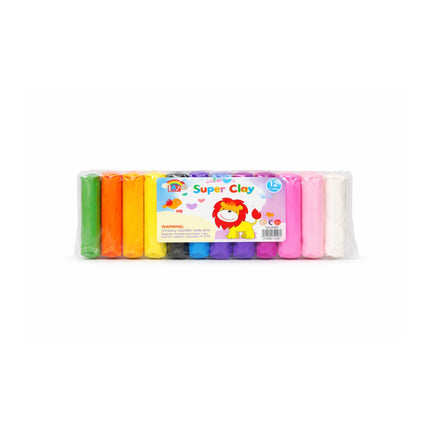 Pack of Super Clay in various colors with a colorful label on a white background