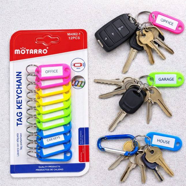 MOTARRO tag keychain packaging with colorful key tags attached to keys on a gray background