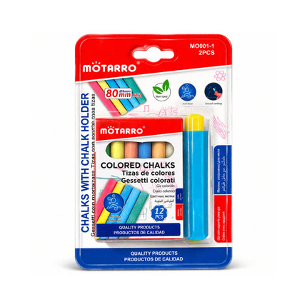 Packaging of Môtarro colored chalks with a red and blue design.