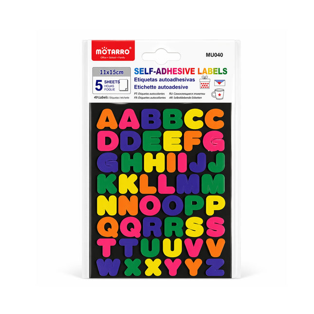 Pack of self-adhesive labels with colorful letters on a white background