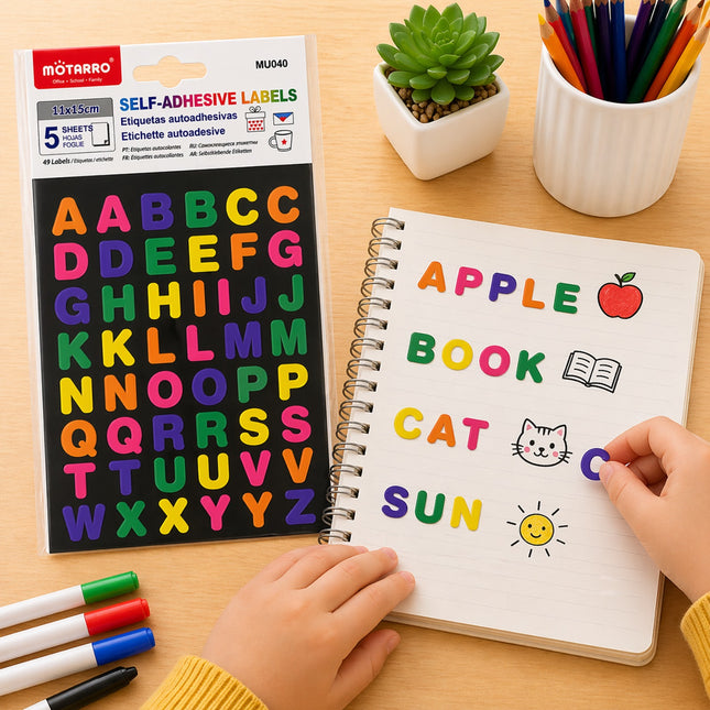 Children's educational activity with alphabet labels and coloring book on a wooden table.