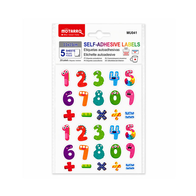 Pack of self-adhesive labels with colorful numbers and symbols on a white background