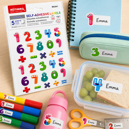 Colorful self-adhesive labels with numbers and letters, used on school supplies like a lunchbox and water bottle.