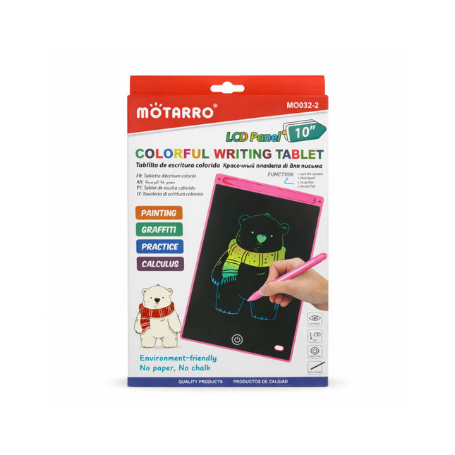 Môtarro colorful writing tablet packaging with a hand holding a pink pen.
