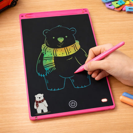 Hand drawing a bear with a colorful scarf on a small electronic tablet with a pink border.