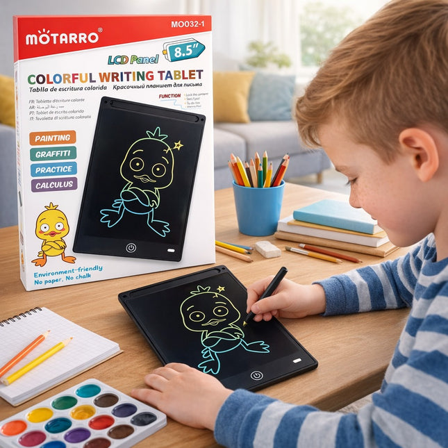 Child using a colorful writing tablet with Motarro packaging in the background