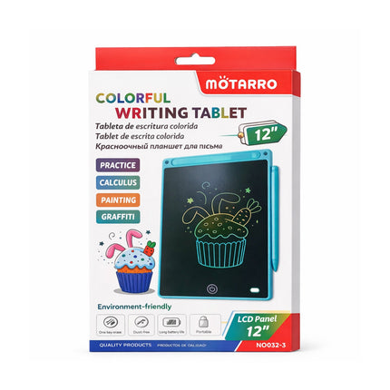 Colorful writing tablet packaging with Motarro branding on a white background