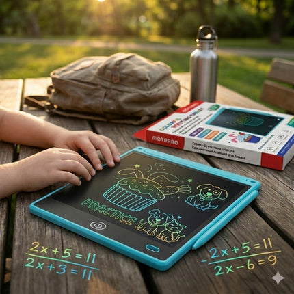 Children's educational tablet with coloring and math problems on a wooden table outdoors.