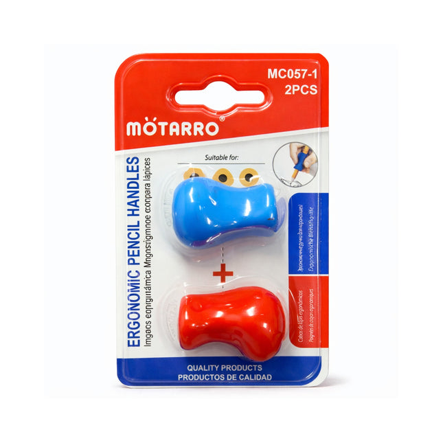 Packaging of Motarro ergonomic pencil handles with red and blue handles on a white background