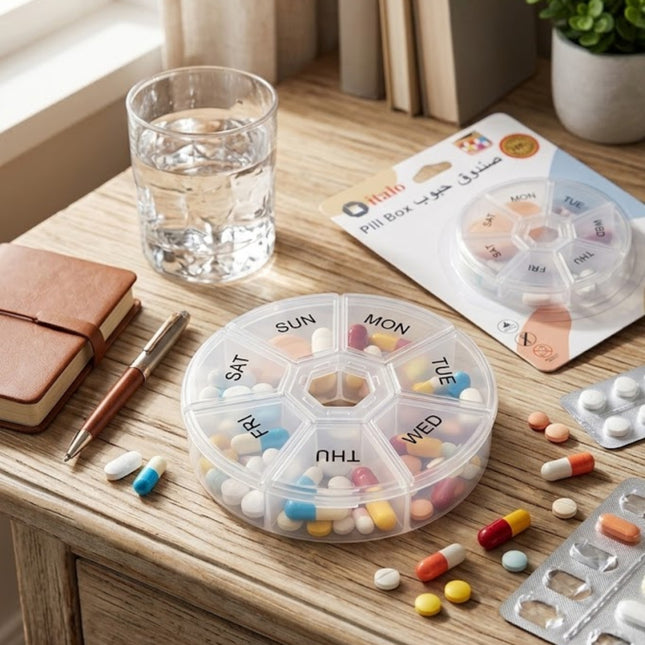 Weekly pill organizer with assorted pills on a wooden surface next to a glass of water, pen, and notebook.