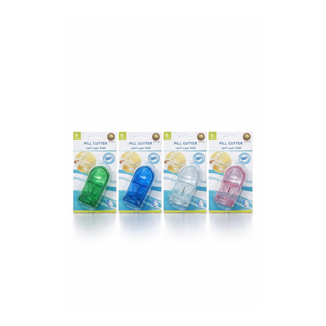 Four packages of a pill cutter on a white background