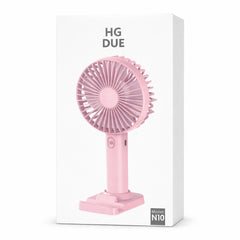 Pink handheld fan on a white box with 'HG DUE' branding