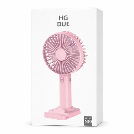 Pink handheld fan on a white box with 'HG DUE' branding