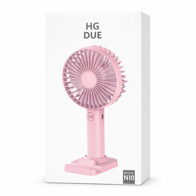 Pink handheld fan on a white box with 'HG DUE' branding